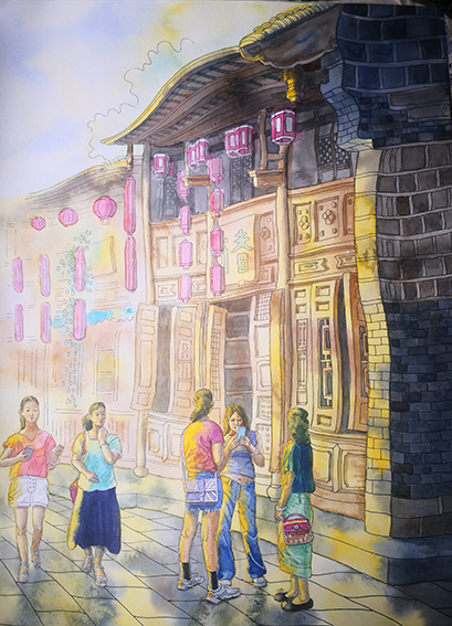 徐新华作品 成都锦里系列之四，钢笔水彩，40Ⅹ20Cm